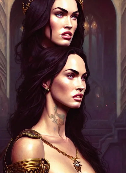 Image similar to portrait of megan fox as a queen, throne, jewelry, greek, saphir, intricate, headshot, highly detailed, digital painting, artstation, concept art, sharp focus, cinematic lighting, illustration, art by artgerm and greg rutkowski, alphonse mucha, cgsociety