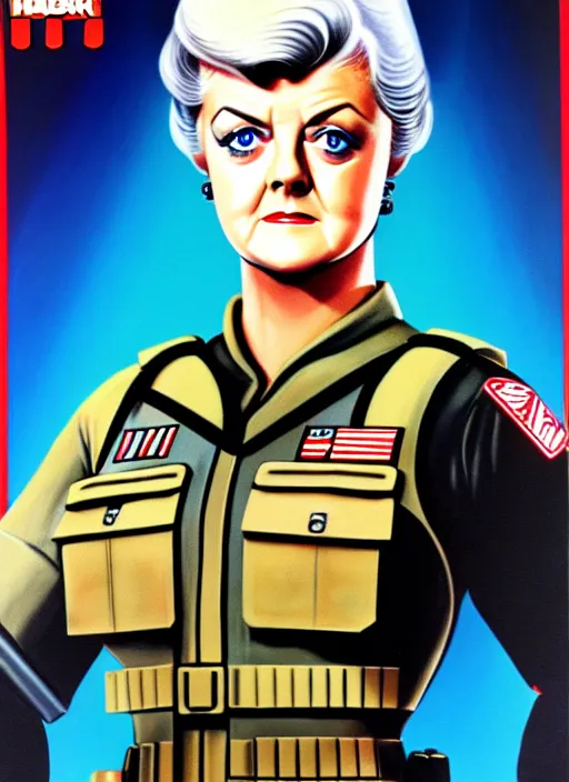 Image similar to g. i. joe portrait painting of angela lansbury, hasbro box art, 1 9 8 8, hq scan