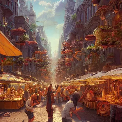Prompt: a busy fantasy street market from within a beautiful and ornate city, hyper realistic digital art, by Sylvain Sarrailh, by Sebastian Luca, by Nicodemus Yang-Mattisson, beautiful painting, detailed, cinematic, great composition, rococo, dungeons and dragons, lord of the rings, artstation