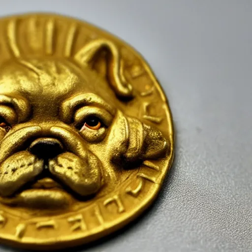 Image similar to an ancient roman gold coin with the face of a french bulldog, close up photo, ultra realistic, studio photo, bokeh.