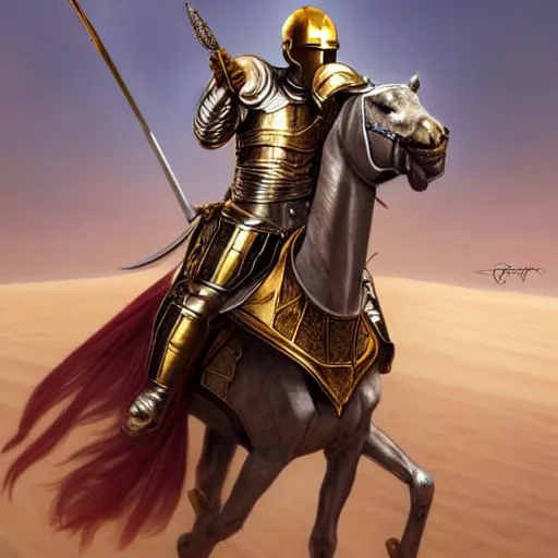 Image similar to Realistic photo of the king of the Desert in Battle, Knight with a golden helmet and a Silver Armour, Sand, Heroic Battle Scene, D&D, fantasy, intricate, cinematic lighting, highly detailed, digital painting, Artstation, 8k, photorealistic, art by Artgerm and Greg Rutkowski and Alphonse Mucha