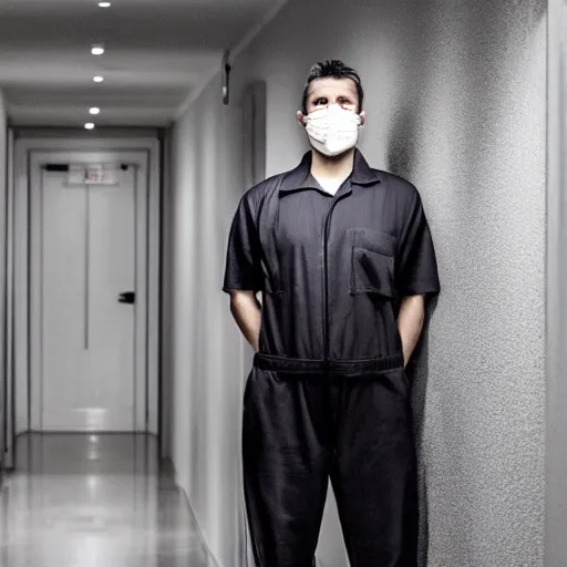 Image similar to man in jumpsuit with deformed face standing in a dimly lit hallway