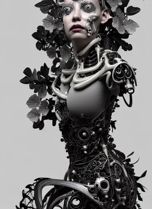 Image similar to monochrome 3 d model, biomechanical beautiful young female cyborg with porcelain profile face and a big floral eye, volumetric light, leaves foliage and stems, hibiscus flowers, boho floral vines, sinuous fine roots, fine foliage lace, alexander mcqueen, rim light, big gothic fashion pearl embroidered collar, steampunk, octane render, 8 k