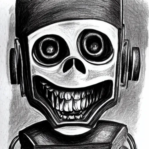 Image similar to a scary horror themed robot, drawn with charcoal and pen and ink