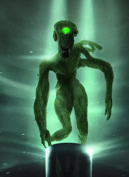 Prompt: a weird humanoid creature is suspended in a tank of dense liquid, weightlessness, tubes coming from the top of the tank connecting to the creature's body, back lit, blinding green glow creates a lens flare, cinematographic