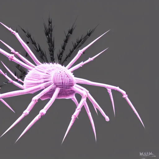 Image similar to Kumoko, a White and black patterened spider with pink eyes and spikes on it's back, CGI, anime, Kumo Desu ga Nani ka?, digital 3D drawing, sharp focus, concept-art