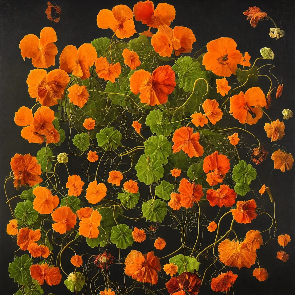 Image similar to dutch golden age bizarre nasturtium portrait still life with many very detailed vines and flowers disturbing fractal forms sprouting up everywhere by rachel ruysch sky blue background chiaroscuro dramatic lighting perfect composition high definition 8 k oil painting with black background by christian rex van dali todd schorr of a chiaroscuro portrait recursive masterpiece