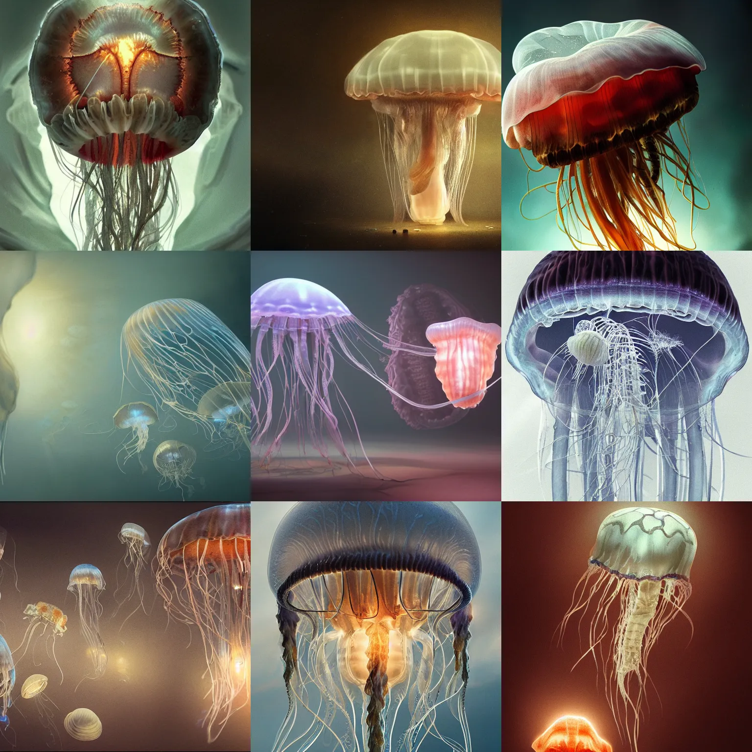 Prompt: jellyfish with anatomical human brain visible, translucent, volumetric lighting, 8 k octane beautifully detailed render, post - processing, extremely hyper - detailed, intricate, epic composition, cinematic lighting, wide shot angle, masterpiece, trending on artstation, detailed detailed detailed, masterpiece, stunning art by anders zorn, wonderful masterpiece by greg rutkowski, beautiful cinematic light,