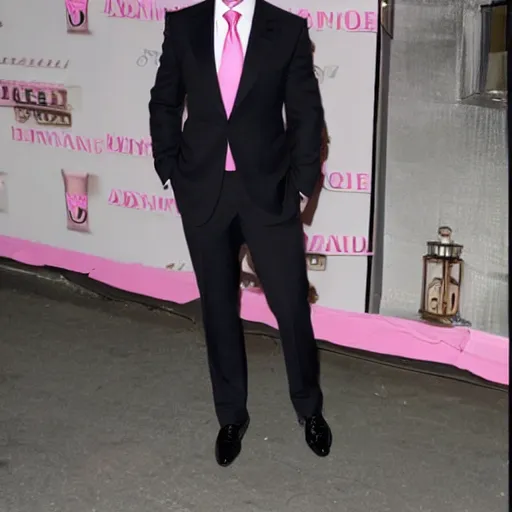 Image similar to tom cruise wearing a suit and wearing stunning pink high heel shoes