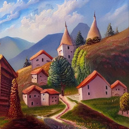 Prompt: A beautiful painting of a village in the mountains, artwork