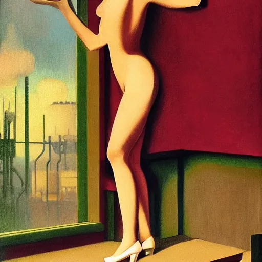 Image similar to oil painting of realistic woman, 1 9 3 0 s decopunk penthouse pleasure factory, rain and smoke, dramatic lighting, tech noir, wet skin, atmospheric, ambient, rupert everton, wlop, george tooker, gil elvgren, alexis flower, hopper, mucha, peter max, livia prima,