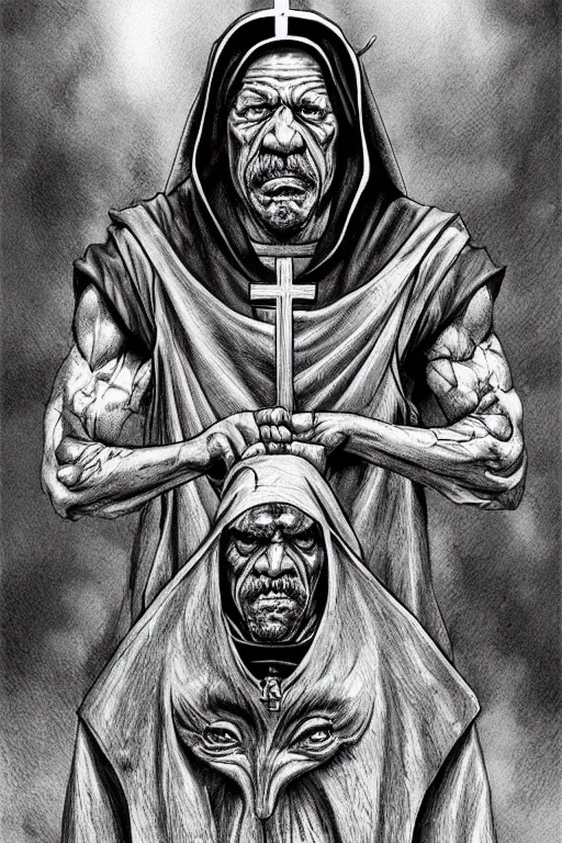 Image similar to Danny Trejo as church nun, dark fantasy, highly detailed, artstation, manga illustration by Kentaro Miura berserk