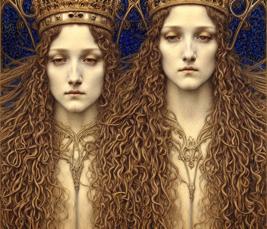 Image similar to detailed realistic beautiful young medieval queen face portrait by jean delville, gustave dore and marco mazzoni, art nouveau, symbolist, visionary, gothic, pre - raphaelite. horizontal symmetry