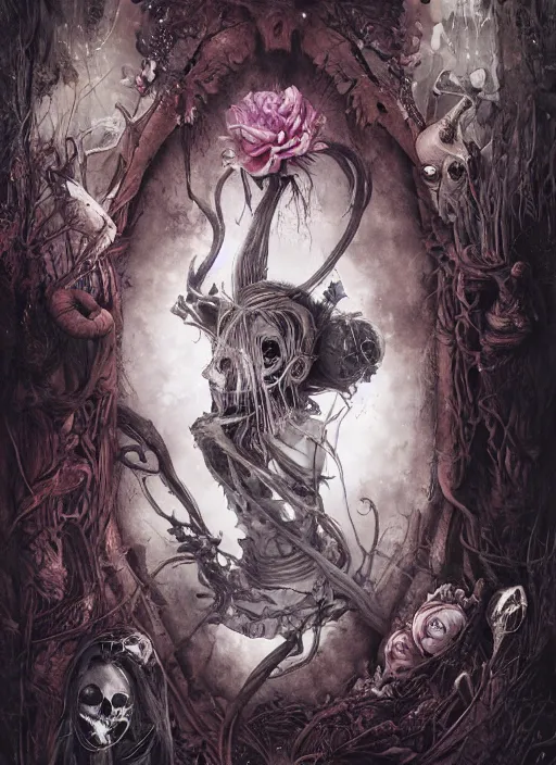 Prompt: Alice in Wonderland White Rabbit Death Tarot card,highly detailed,half skull face,cinematic,8k,by Stanley Artgermm,Tom Bagshaw,Greg Rutkowski,Carne Griffiths, Ayami Kojima, Beksinski, Giger,trending on DeviantArt,hyper detailed,horror, full of colour