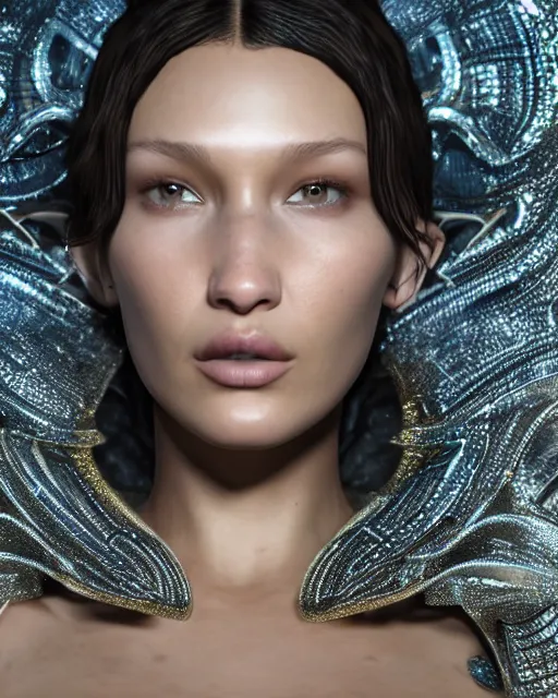 Image similar to a highly detailed metahuman 8 k close up render of bella hadid in iris van herpen victoria secret made in unreal engine 4