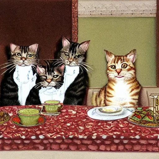 Image similar to three tabby cats attend a fancy english tea party, photorealistic