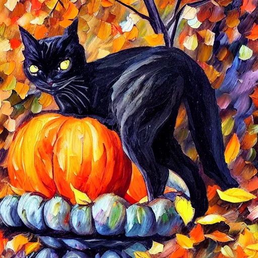 Prompt: black cat with arched back standing on halloween pumpkins in a pile of autumn leaves detailed painting in the style of leonid afremov 4 k