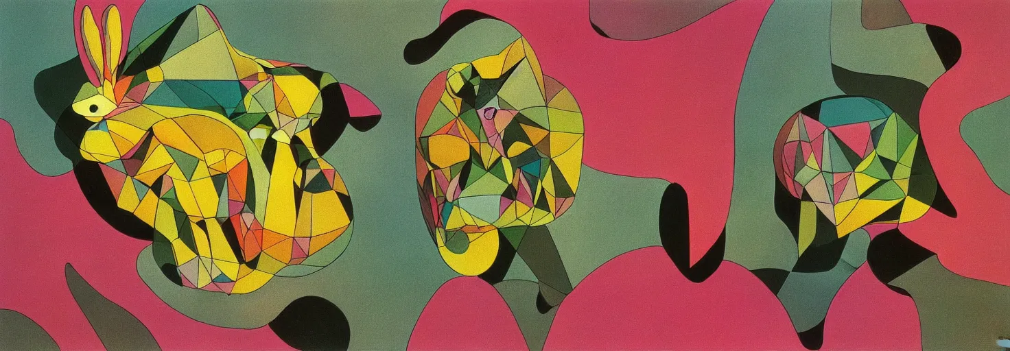 Image similar to rabbit shape pink rock, by m. c. escher, yellow, green, red, snowy, ultra sharp, ultra detailed, cyberpunk, happy, uplifting, colorized by salvador dali