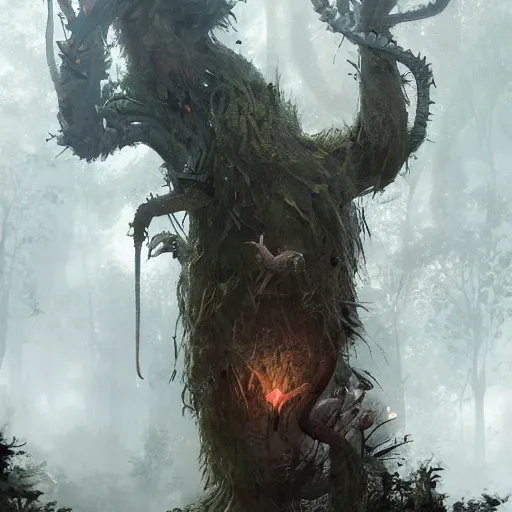 Prompt: a living tree with legs and a tail, in the shape of a rat, in a corrupted forest, by greg rutkowski, trending on art station, highly detailed, magic the gathering, matte painting