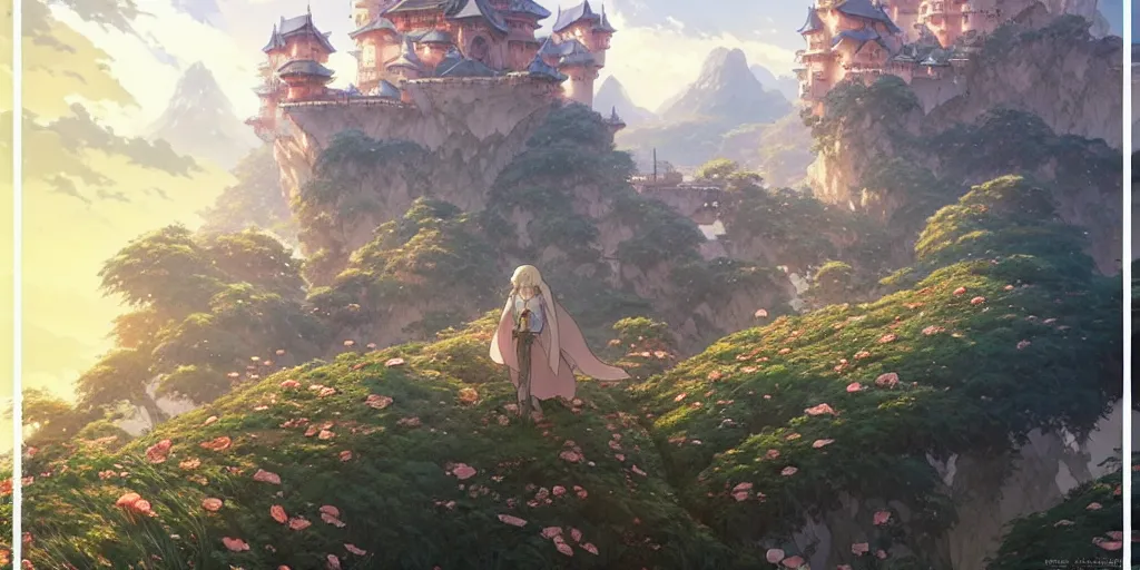 Image similar to the knight and the sword of rose petal, anime, castle core, mountains, rocky roads. by hayao miyazaki and rossdraws and artgerm and greg rutkowski and alphonse mucha and studio ghibli. high quality, stunning, intricate detailed environment. 8 k