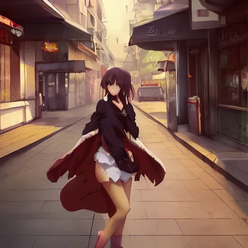 Prompt: full body character design of a beautiful anime girl eating a steak on a city street, elegant, highly detailed, digital painting, artstation, smooth, soft focus, art by WLOP and asanagi