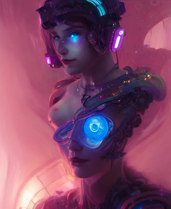 Image similar to whirlwind souls rushing inside metaverse, half body, glowin eyes, tiara, pharaoh, android, cyborg, cyberpunk face, by loish, d & d, fantasy, intricate, elegant, highly detailed, colorful, vivid color, digital painting, artstation, concept art, art by artgerm and greg rutkowski and alphonse mucha and ruan jia