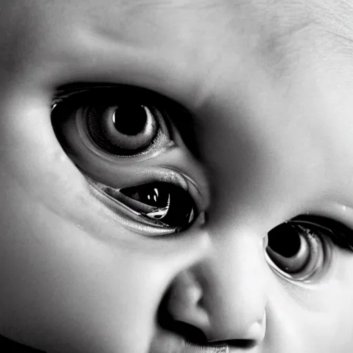 Image similar to soulless baby looking forward, glossy eyes, disfigured, dead appearance, high quality,