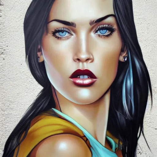 Image similar to Street-art portrait of Megan Fox in style of Etam Cru