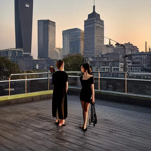 Image similar to a small rooftop with a couple of modern teenagers, standing and talking to each other, wearing black modern clothes, modern shanghai bund is on the background, sunset, by gregory crewdson, by asher brown durand