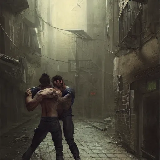 Image similar to original masterpiece artwork of 2 men strangling each other during a fight in an alleyway by greg rutkowski and strewzan, horror, crime, hyperrealistic, octane render, exciting pose, dynamic lighting