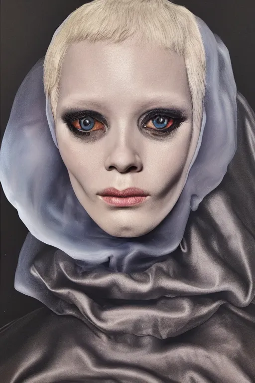 Image similar to hyperrealism oil painting, close - up portrait of albino medieval fashion model, black silk, steel gradient mixed with nebula sky, in style of baroque