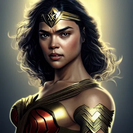 Image similar to full figure ultra realistic illustration, tessa thompson as wonder woman, intricate, elegant, highly detailed, digital painting, artstation, concept art, smooth, sharp focus, illustration, art by artgerm and greg rutkowski and alphonse mucha