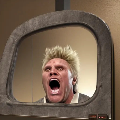 Image similar to hyperrealistic mixed media image of gary busey screaming at a mirror, stunning 3 d render inspired art by xiang duan and thomas eakes and greg rutkowski, perfect facial symmetry, hyper realistic texture, realistic, highly detailed attributes and atmosphere, dim volumetric cinematic lighting, 8 k octane detailed render, post - processing, masterpiece,