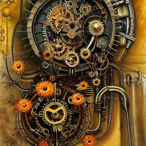 Image similar to beautiful steampunk mechanical flowers, detailed oil painting,