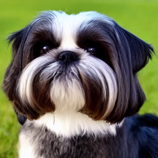 Image similar to A photo of a chubby shih tzu with medium-length hair, black and white fur and brown eyes