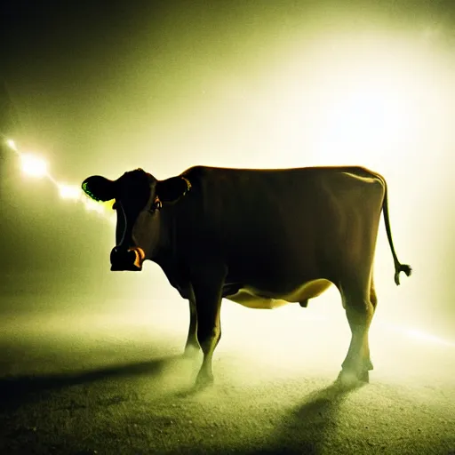 Image similar to closeup, a cow flying at night, flashlight, creepy, cinematic dramatic atmosphere, smooth, sharp focus, cinematic shot, movie scene, horror movie