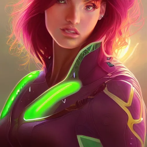 Image similar to ultra realistic illustration, bella thorne as starfire anime with glowing green eyes, intricate, elegant, highly detailed, digital painting, artstation, concept art, smooth, sharp focus, illustration, art by artgerm and greg rutkowski and alphonse mucha