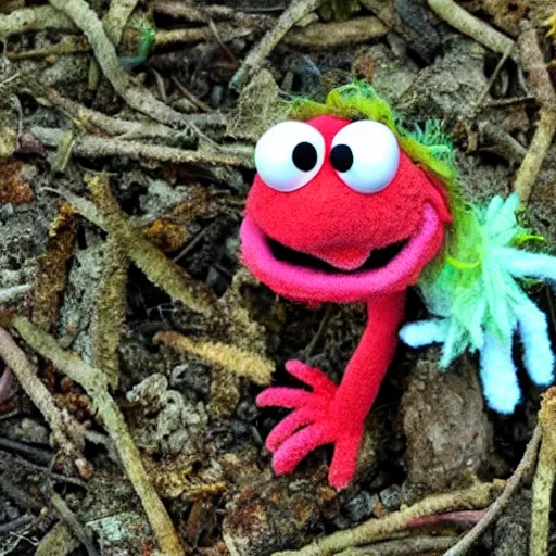 Prompt: a moldy decaying muppet covered in fungus