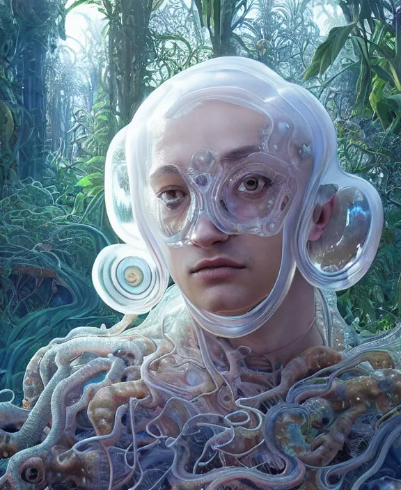 Prompt: intricate opulent transparent clear see - through portrait of a terrifying beautiful male human isopod sea slug, mottled coloring, adorable, childlike, overgrown biopunk jungle environment, ultra realistic, concept art, art nouveau, photorealistic, octane render, 8 k, unreal engine. art by christopher marley and artgerm and greg rutkowski and alphonse mucha