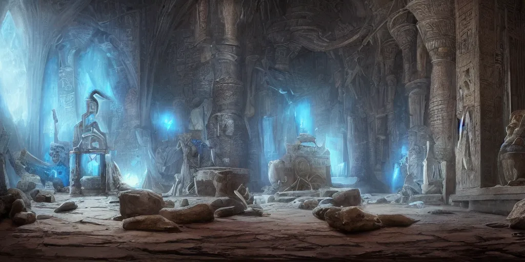 Image similar to fantasy movie scene greg rutkowski digital painting of an ornate and royal egyptian antechamber tomb with a old twisted wooden staff weapon with a blue crystal at it's tip laying on a stone altar, unreal engine, hyper realism, realistic shading, cinematic composition, blender render, octane render, hdr, detailed textures, photorealistic, ultrawide shot, 3 5 mm film