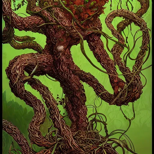 Image similar to anthropomorphic tangle of vines and plant matter. this fantasy creature guards the woods from unwary travelers. similar to a treant or forest spirit. By rebecca guay, by terese nielsen, by aaron miller, by kieran yanner. trending on artstation. 4k resolution.