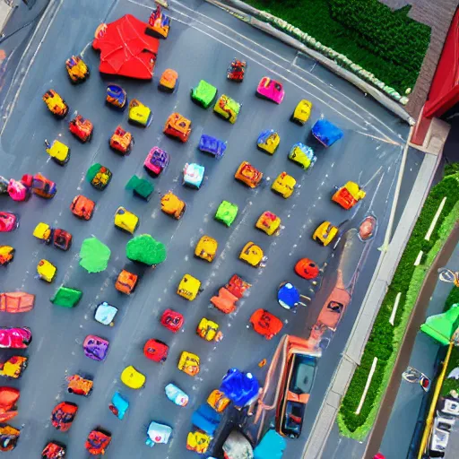 Image similar to drone shot of traffic on sesame street with muppets colorful cel shading, cookie monster, elmo, oscar the grouch