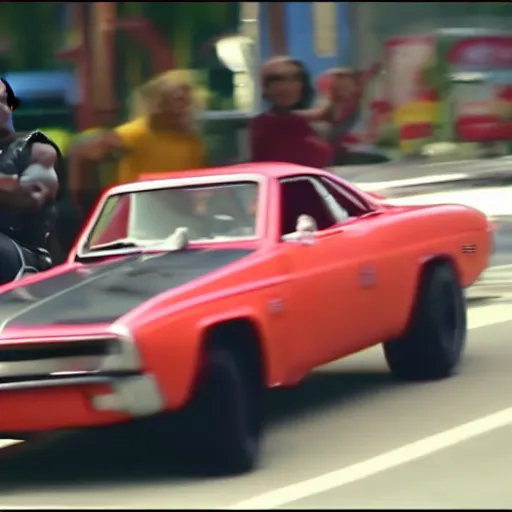 Prompt: vin diesel riding a toy car, action movie, movie scene, hd, 8 k, cinematic, car chase