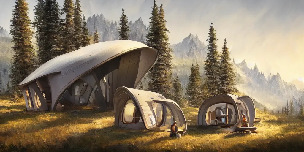 Image similar to cabela's beautiful comfortable futuristic pop up insulated all terrain family pod, cabin, modular, person in foreground, mountainous forested wilderness open fields, beautiful views, painterly concept art, joanna gaines, environmental concept art, farmhouse, magnolia, concept art illustration by ross tran, by james gurney, by craig mullins, by greg rutkowski trending on artstation