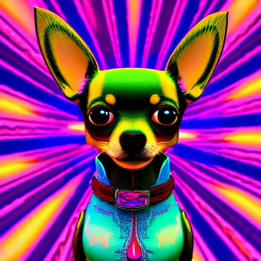 Image similar to a psychedelic chihuahua living in an extradimensional reality, in the style of wlop, illustration, epic, fantasy, hyper detailed, smooth, unreal engine, sharp focus, ray tracing, physically based rendering, renderman, beautiful