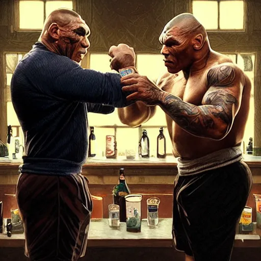 Image similar to vinnie jones and mike tyson fighting in a pub, real life skin, intricate, elegant, highly detailed, artstation, concept art, smooth, sharp focus, art by artgerm and greg rutkowski and alphonse mucha