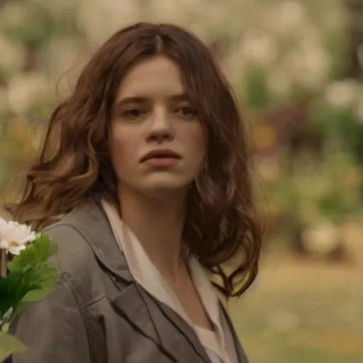 Image similar to movie still of the girl with the flowers instead of head, cinematic composition, cinematic light, by edgar wright and david lynch