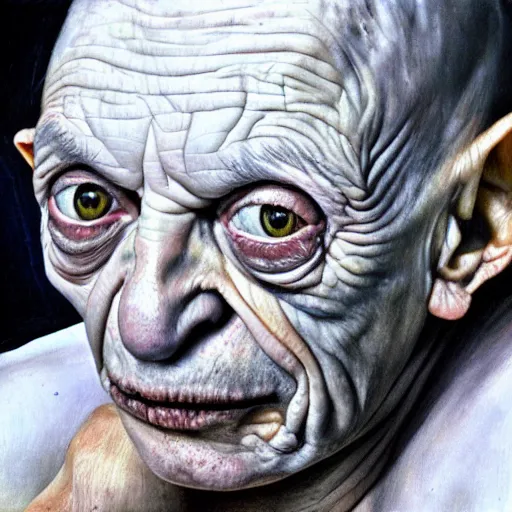 Image similar to high quality high detail painting by lucian freud, hd, portrait of gollum, photorealistic lighting