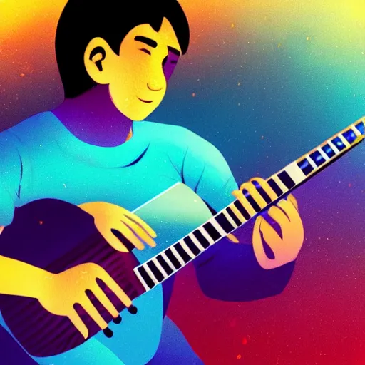 Image similar to a Jake Shimabakuro ukelele guitarist playing so intensely there is electricity shooting out from his guitar, energy beams under his finger tips, and magic sparkles from the freboard, amazing ditial art, trending on artstation, featured on deviantart