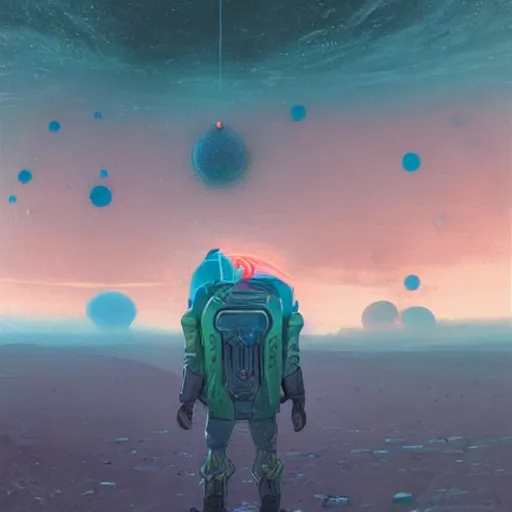 Image similar to Spacesuit alien Protoss stepping through Portal immense vivid landscape simon stalenhag jakub intricate vast wild unroamed desert with uranium planet orb floating above Jakub rozalski